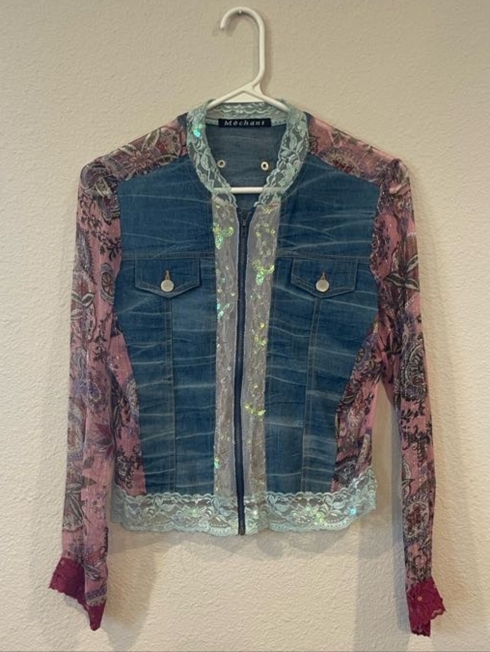 Méchant Vintage 100% Silk Cotton Paisley Denim Lace Sequin Beaded Zip Up Jacket